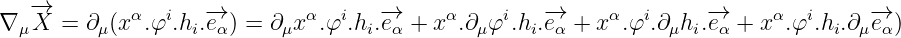 ∇ μ-→X  = ∂μ(xα.φi.hi.-→eα) = ∂μxα.φi.hi.-→eα + xα.∂μ φi.hi.-→eα + xα.φi.∂μhi.-→e α + x α.φi.hi.∂μ-→eα)
